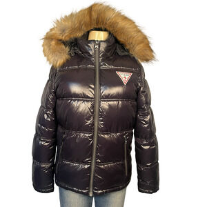 Guess Puffer Jacket Womens Small Black Faux Fur Hood Winter Coat Shiny Warm S/M